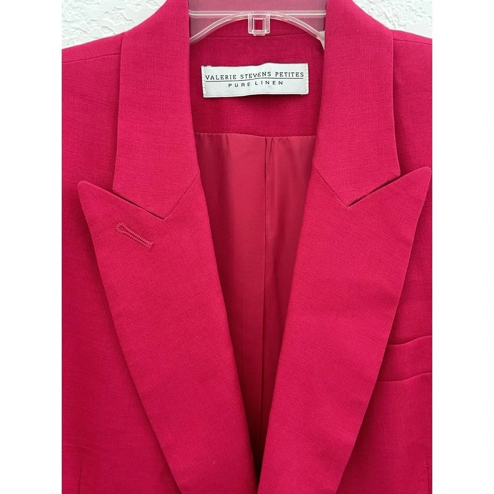 Vtg 90s Valerie Stevens Petites Pink 100% Linen Double Breasted‎ Blazer Sz 10P
